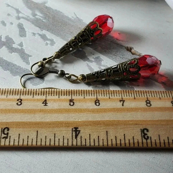 Faceted Ruby Red Luster Crystal Antique Bronze Filigree Teardrop Earrings - Picture 8 of 8